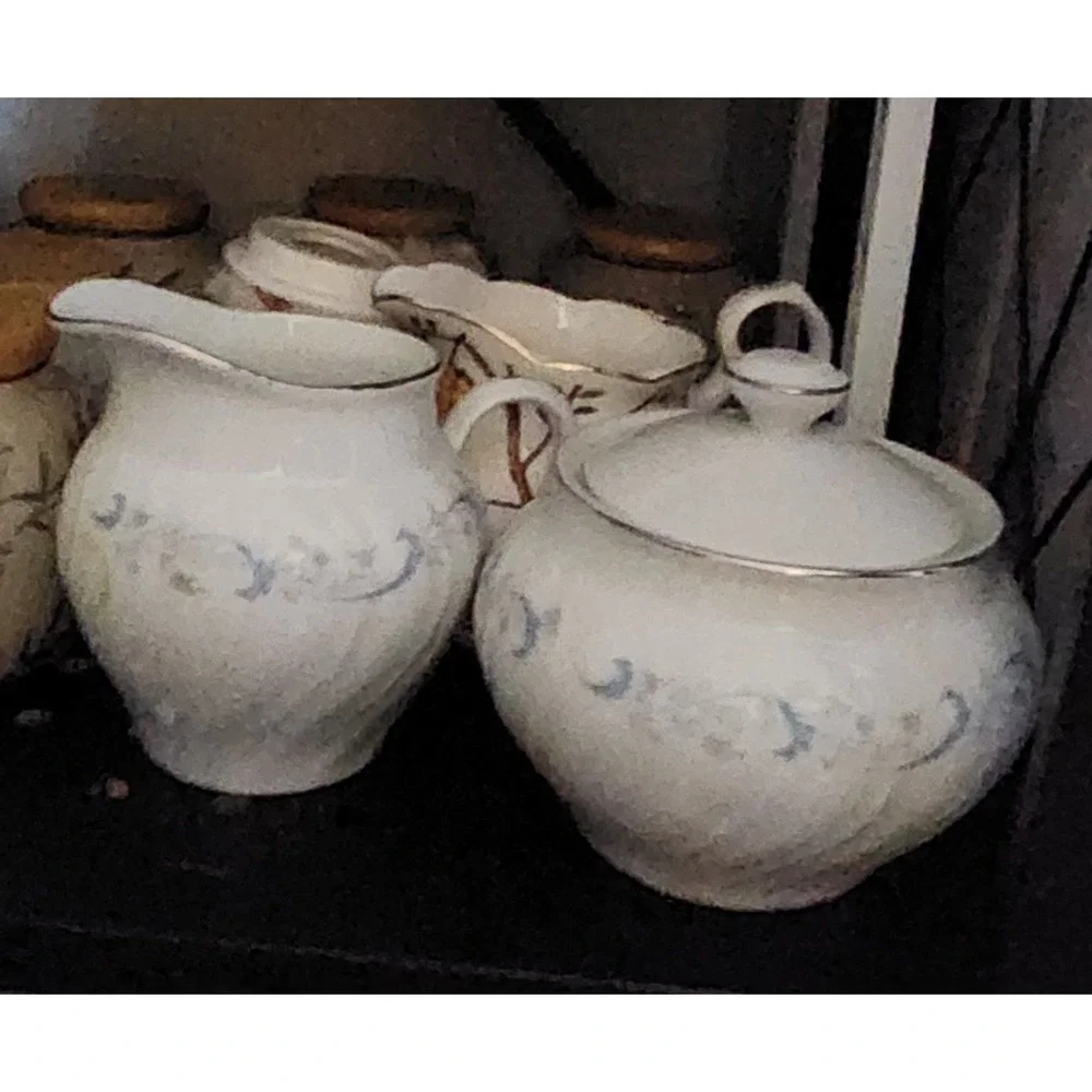 Camelot China Gracious Pattern Sugar Bowl with Lid and Creamer Set Silver Trim